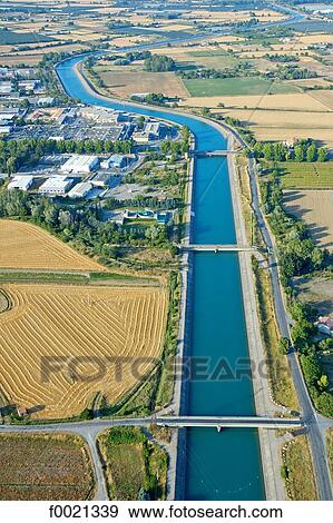 Stock Photo - France, Provence, near Manosque, aerial of Provence canal from river Durance. Fotosearch