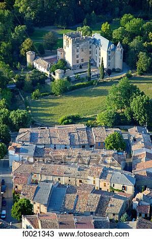 Stock Image - France, Provence, Allemagne-en-Provence, aerial of village and castle. Fotosearch