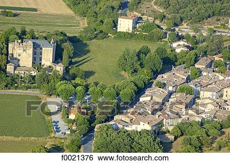 France, Provence, Allemagne-en-Provence, aerial of village and castle View Large Photo Image Stock Photograph - France, Provence, Allemagne-en-Provence, aerial of village and castle. Fotosearch
