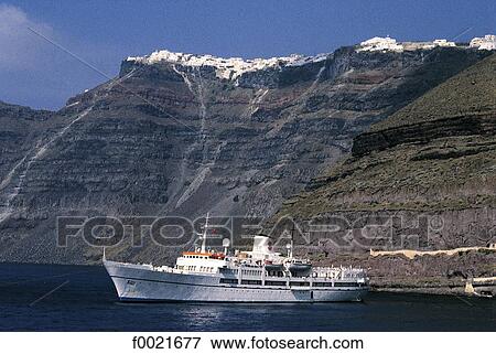 Stock Photo - Greece, Cyclades, Santorini, ferry boat. Fotosearch