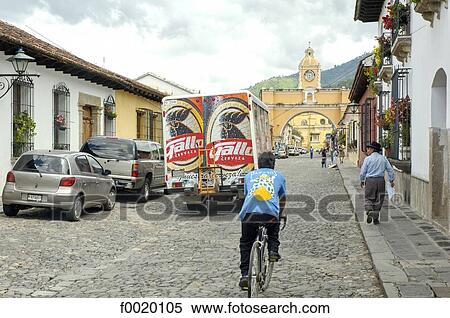 Stock Photography - Guatemala, Antigua, Santa Catarina street and arch. Fotosearch