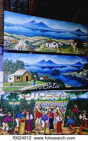 Guatemala, Santiago Atitlan, naive paintings on sale at the market View Large Photo Image Stock Image - Guatemala, Santiago Atitlan, naive paintings on sale at the market. Fotosearch