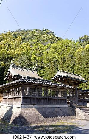 Stock Photo - Japan, island of Kyushu, Kagoshima, Iso area, wooden shinto shrine. Fotosearch