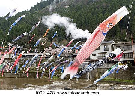 Stock Photo - Japan, island of Kyushu, Oguni, boys festival, carp streamers. Fotosearch