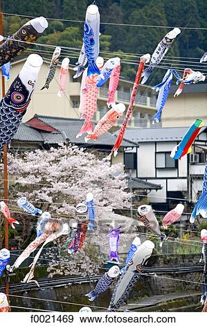 Stock Photo - Japan, island of Kyushu, Oguni, boys festival, carp streamers. Fotosearch