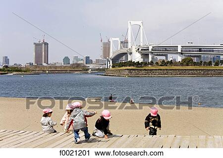 Japan, Tokyo, Daiba quarter, beach and Rainbow Bridge View Large Photo Image Stock Image - Japan, Tokyo, Daiba quarter, beach and Rainbow Bridge. Fotosearch
