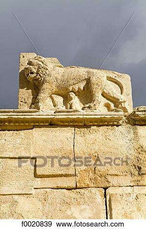 Stock Photo - Jordan, Iraq al amir, Qasr al-Abd "castle of the slave", sculpted lion. Fotosearch