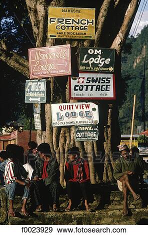 Nepal, Pokhara, lodge signs View Large Photo Image Stock Photo - Nepal, Pokhara, lodge signs. Fotosearch