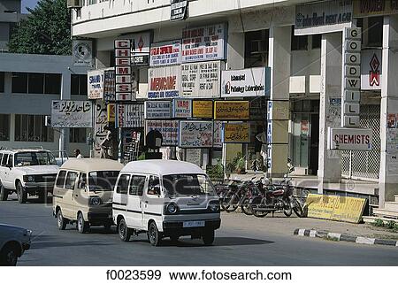 Pakistan, Punjab, Islamabad, Blue Area, shopping center and shop signs View Large Photo Image Stock Photo - Pakistan, Punjab, Islamabad, Blue Area, shopping center and shop signs. Fotosearch