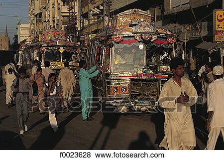 Pakistan, Sindh, Karachi, Saddar Bazaar, painted bus View Large Photo Image Stock Photo - Pakistan, Sindh, Karachi, Saddar Bazaar, painted bus. Fotosearch