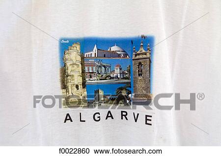 Stock Image - Portugal, Algarve, Loule, postcard printed on a tee-shirt. Fotosearch