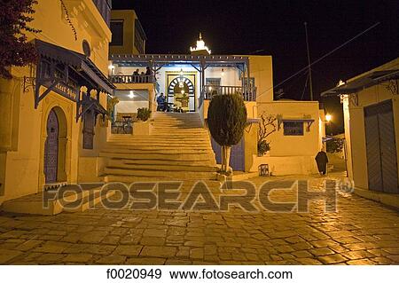 Tunisia, Sidi Bou Said, cafe at dusk View Large Photo Image Stock Photo - Tunisia, Sidi Bou Said, cafe at dusk. Fotosearch