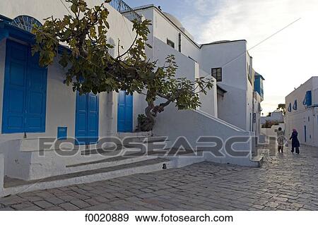 Tunisia, Sidi Bou Said, street at dusk View Large Photo Image Stock Photo - Tunisia, Sidi Bou Said, street at dusk. Fotosearch