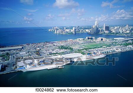 Stock Image - United States, Florida, Miami, cruise boats alongside quay. Fotosearch