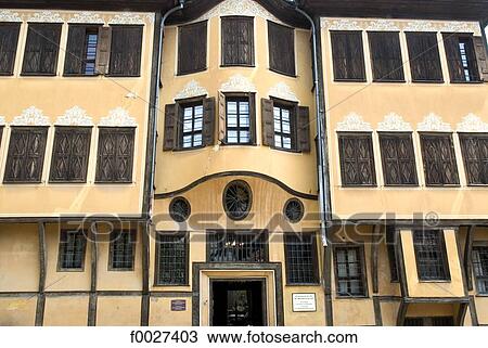 Stock Image - Bulgaria, Plovdiv, old city, traditional dwelling, facade. Fotosearch