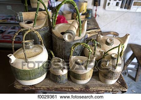 Stock Image - China, Anhui, Hongcun, traditional village, tea pots. Fotosearch