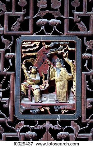 Stock Photo - China, Anhui, Hongcun, traditional village, carved scene on a beam. Fotosearch