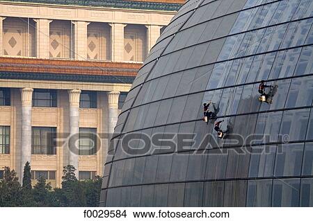 China, Beijing, opera house, architectural detail, cleaning of the glass surface View Large Photo Image Picture - China, Beijing, opera house, architectural detail, cleaning of the glass surface. Fotosearch