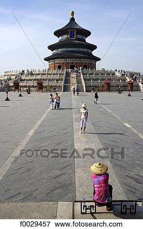 China, Beijing, Temple of Heaven, hall of prayer for good harvests, tourists taking a photo of themselves View Large Photo Image Stock Photo - China, Beijing, Temple of Heaven, hall of prayer for good harvests, tourists taking a photo of themselves. Fotosearch