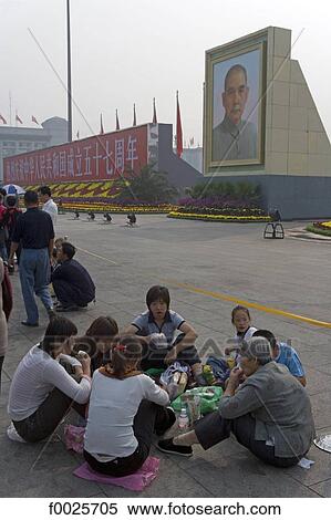 China, Beijing, Tiananmen Square, picnic in front of Sun Yat-Sen portrait (father of modern China) View Large Photo Image Stock Photography - China, Beijing, Tiananmen Square, picnic in front of Sun Yat-Sen portrait (father of modern China). Fotosearch