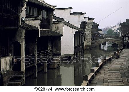 China, Jiangsu, Suzhou, ancient houses lining a canal View Large Photo Image Picture - China, Jiangsu, Suzhou, ancient houses lining a canal. Fotosearch