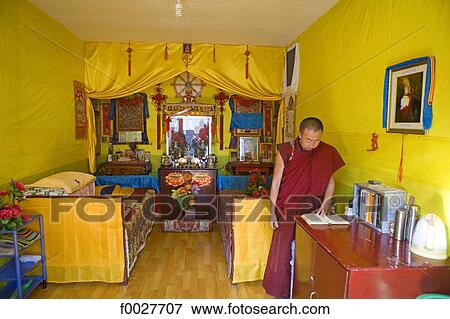 Stock Photo - China, Shanxi province, Mount Wutai, Pusading temple and monastery, monk in his room. Fotosearch