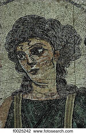 Stock Image - Cyprus, Kourion archaeological site, close-up of mosaic of Ktisis. Fotosearch