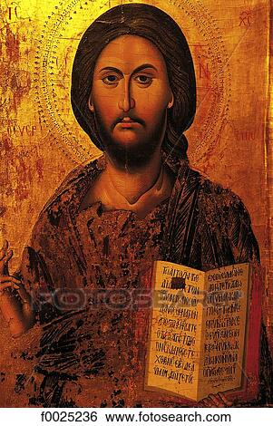 Stock Photograph - Cyprus, Lagoudera, church of Panayia Tou Araka, close-up of iconostasis, Christ Icon. Fotosearch