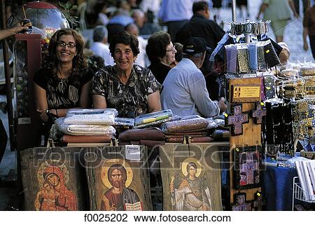 Stock Image - Cyprus, Omodos, feast of the Exaltation of the Holy Cross, sacred objects for sale. Fotosearch
