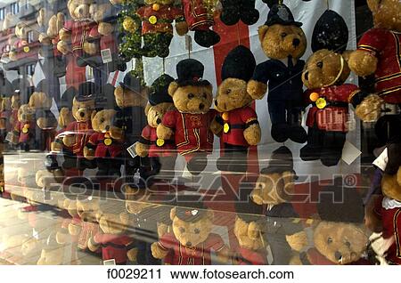 Stock Image - England, London, shop window with teddy bears. Fotosearch