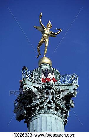 France, Paris, Bastille Square, statue of the Génie de la Liberté at the top of the July Column View Large Photo Image Stock Image - France, Paris, Bastille Square, statue of the Génie de la Liberté at the top of the July Column. Fotosearch