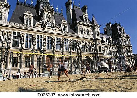 France, Paris, beach volleyball in front of the Hôtel de Ville View Large Photo Image Stock Photo - France, Paris, beach volleyball in front of the Hôtel de Ville. Fotosearch