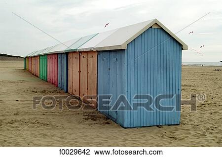 Stock Image - France, Pas-de-Calais, Berck, beach, bathing huts. Fotosearch