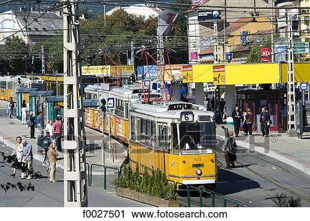 Stock Image - Hungary, Budapest, bus station, tramways. Fotosearch
