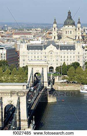 Hungary, Budapest, Chain bridge and Saint Stephen's Basilica View Large Photo Image Stock Photography - Hungary, Budapest, Chain bridge and Saint Stephen's Basilica. Fotosearch