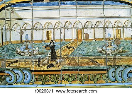 Stock Image - Italy, Campania, Naples, Santa Chiara Monastery, ceramic tiles depicting the cloister. Fotosearch