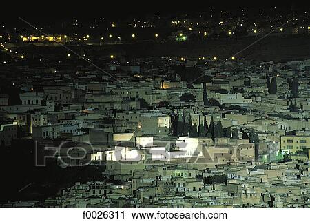 Morocco, Fes, city view by night View Large Photo Image Stock Image - Morocco, Fes, city view by night. Fotosearch