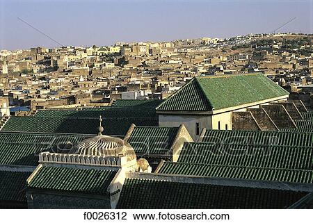 Stock Image - Morocco, Fes, general view of city and Karouine Mosque. Fotosearch