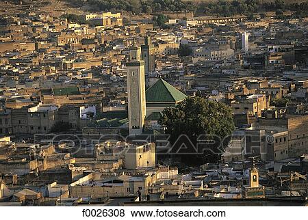 Stock Photo - Morocco, Fes, general view of city and Karouine Mosque. Fotosearch