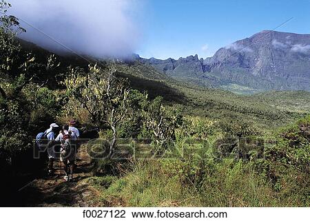 Stock Image - Reunion, "col des boeufs", hikers. Fotosearch