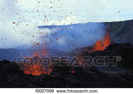 Stock Photo - Reunion, Piton de la Fournaise volcano, hot lava erupting. Fotosearch
