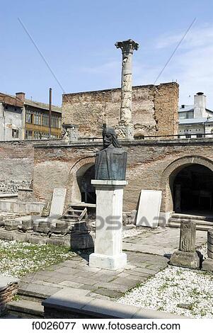 Stock Photo - Romania, Muntenia, Bucharest, ruins of the old princely court and bust of Vlad the Impaler also known as Dracula. Fotosearch