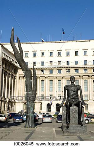Stock Photography - Romania, Muntenia, Bucharest, Senate building and Revolution Square, contemporary statues. Fotosearch