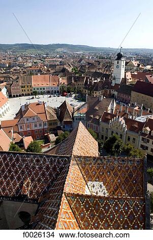 Picture - Romania, Transylvania, Sibiu, aerial view of the old city. Fotosearch