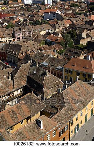 Stock Image - Romania, Transylvania, Sibiu, aerial view of the old city. Fotosearch