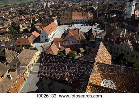 Romania, Transylvania, Sibiu, aerial view of the old city View Large Photo Image Stock Image - Romania, Transylvania, Sibiu, aerial view of the old city. Fotosearch