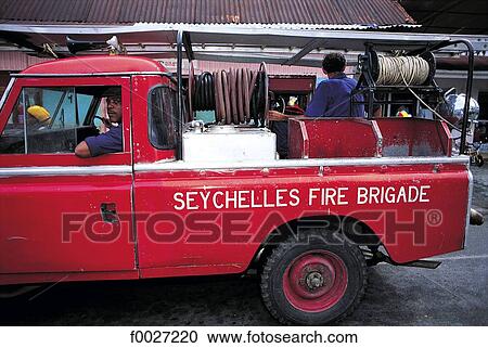 Stock Image - Seychelles, Mahé, firemen. Fotosearch