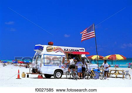 Stock Photography - United States, Florida, Miami, snack van on the beach. Fotosearch