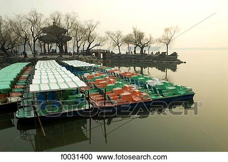 Stock Image - China, Beijing, Summer Palace "Yiheyan", boats on Kunming lake. Fotosearch