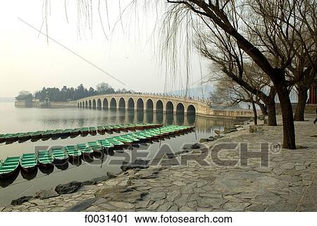 Stock Image - China, Beijing, Summer Palace "Yiheyan", boats and Seventeen-Arch Bridge on Kunming lake. Fotosearch